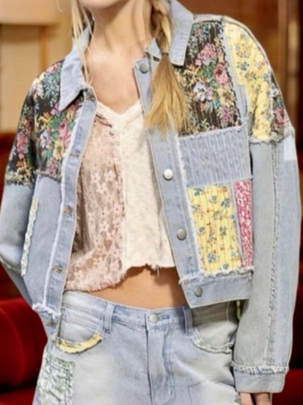 POL Patchwork Denim Jacket Small Boho Cropped Floral NWT - Picture 9 of 14